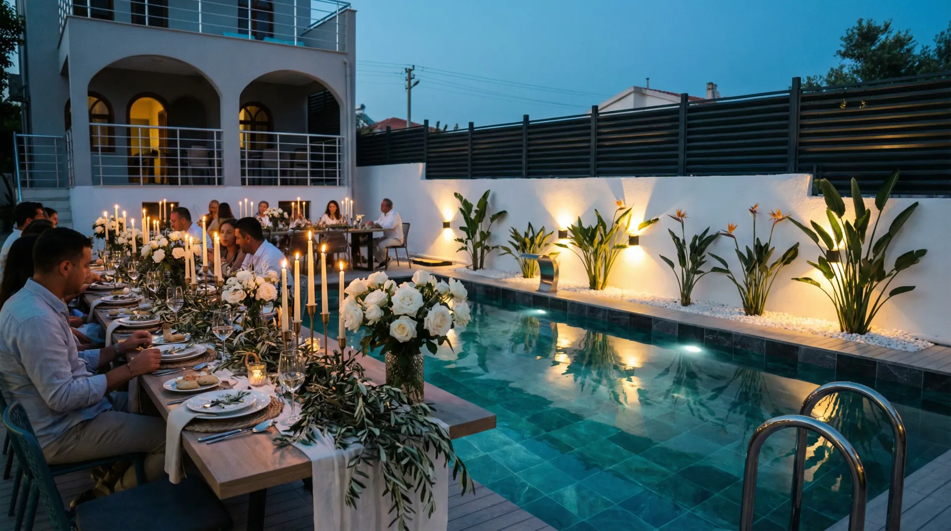 Candlelit long-table dinner by the pool at Villa Öz, guests dining under the evening sky
