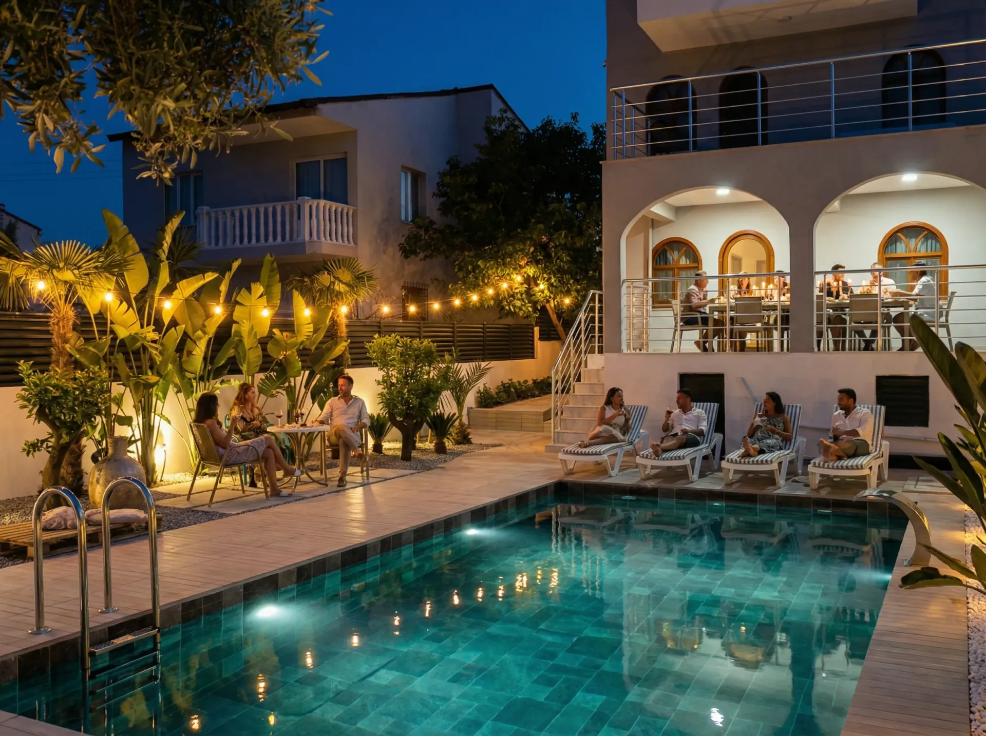 Villa Öz poolside at evening with string lights and guests relaxing by the illuminated pool