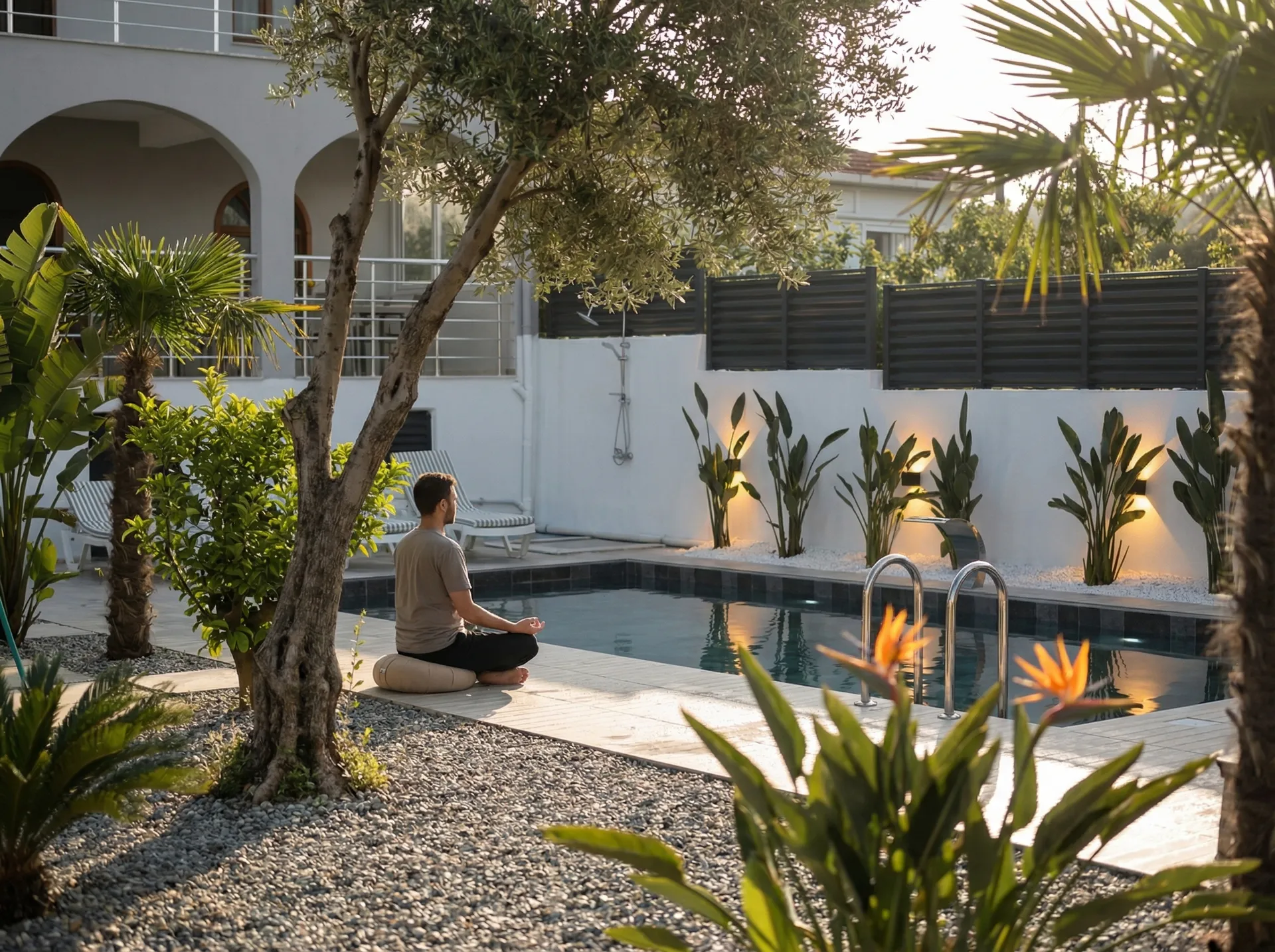 Poolside meditation session at Villa Öz